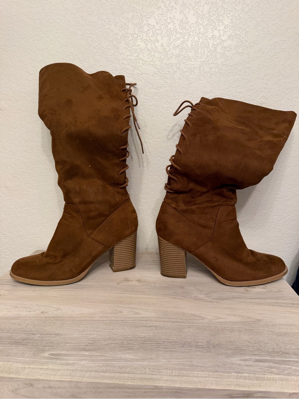 Brown Suede Lace-Up Mid-Calf Block Heel Boots - Women